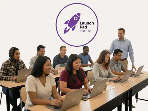 Launch Pad Institute workshop participants learning AI together